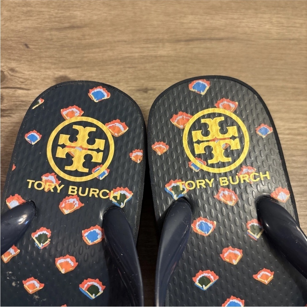 Tory Burch Navy Blue Fresh Blueberry Wild Pansy Flip Flops - Picture 5 of 10